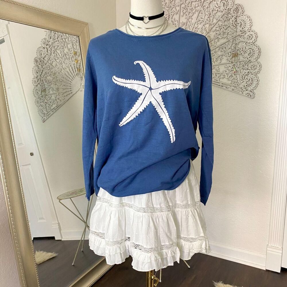 New Blue 100% Cotton White Starfish Sweater XL Catalog Favorites
